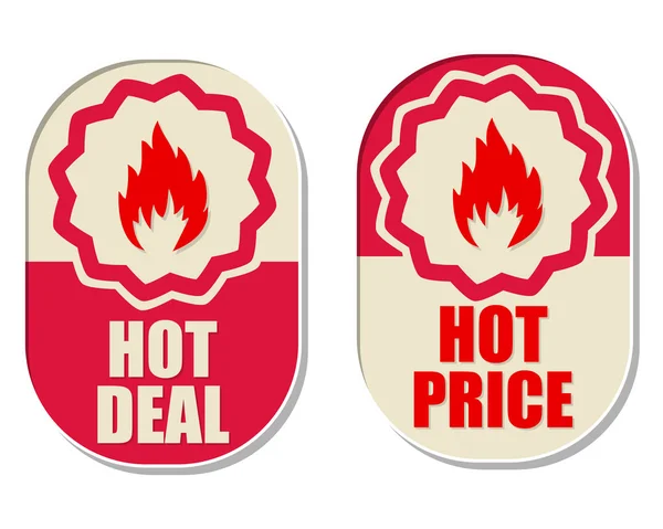 Heißer Deal und heißer Preis mit Flammenschildern, zwei elliptischen Etiketten — Stockfoto