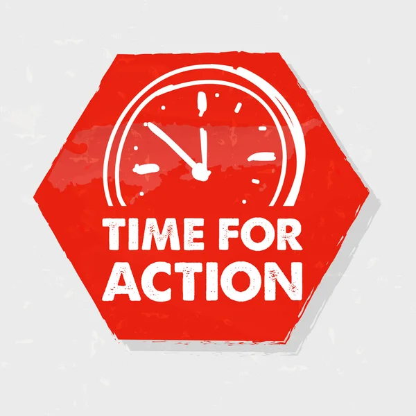 Time for action with clock, grunge hexagon label with sign — Stock Photo, Image