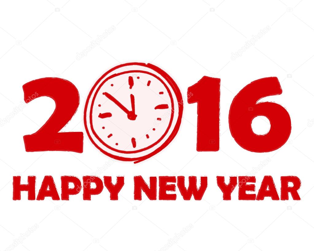 happy new year 2016 with clock sign in red drawn banner