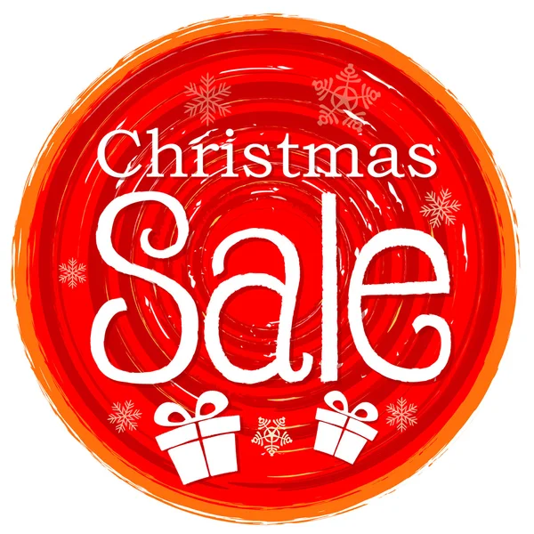 Christmas sale and gift box on circular drawn red banner with sn — Stock Photo, Image