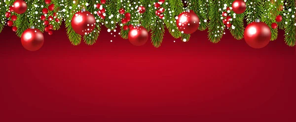Kerstboom grens met hulst bessen en ballen rode achtergrond — Stockvector