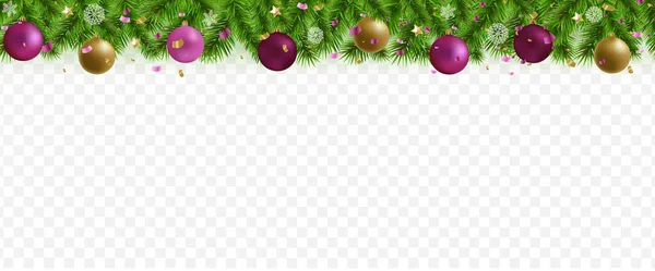 Frontera del árbol de abeto con juguetes de Navidad fondo blanco — Vector de stock
