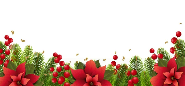 クリスマスガーランドとポインセチアの花 — ストックベクタ