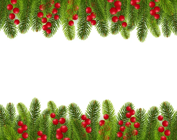 Fir Tree Border With Holly Berry And White Background — Stock Vector