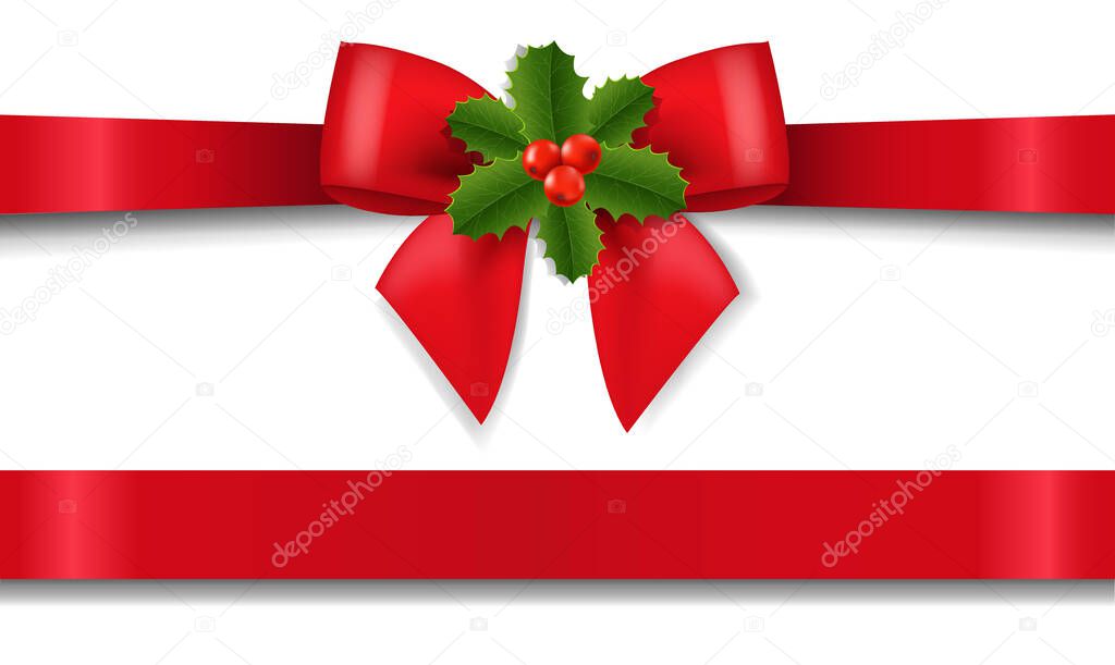 Red Bow With Holly Berry Isolated White Background