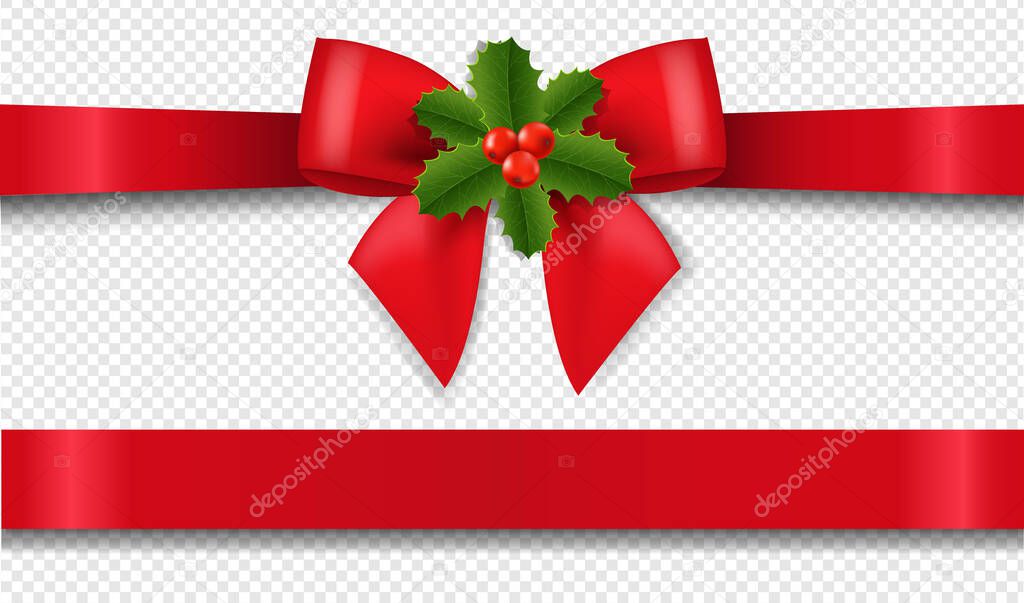 Red Bow With Holly Berry Isolated Transparent Background