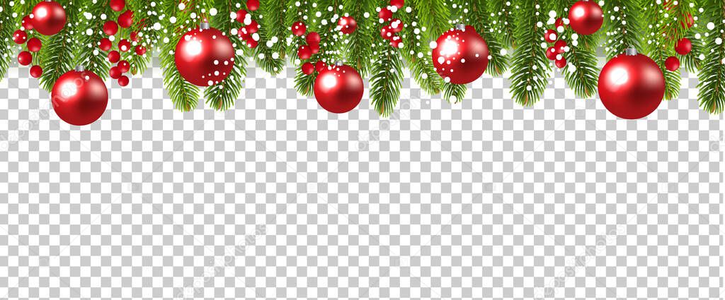 Xmas Fir Tree Border With Holly Berry And Balls Transparent Background