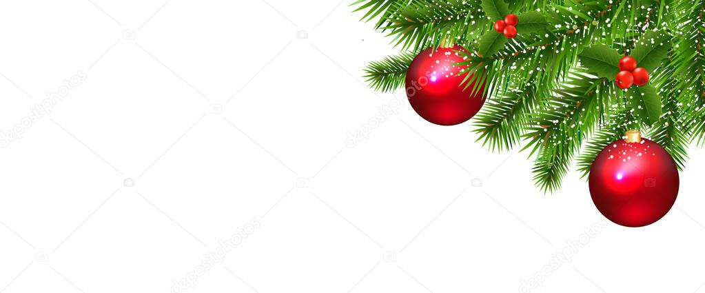 Fir Tree Border With Christmas Balls White Background