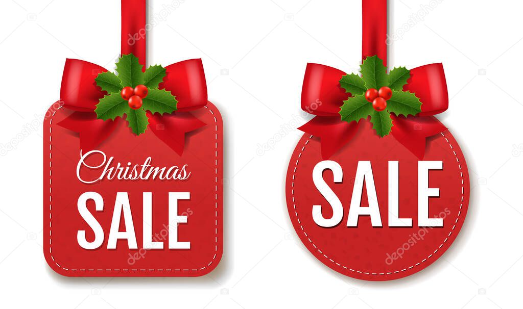 Red Sale Labels With Red Silk Ribbon And Holly Berry