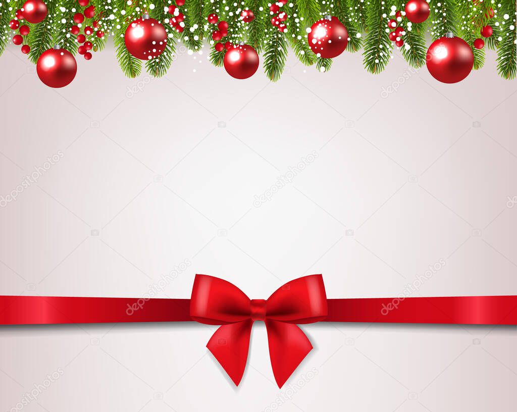 Xmas Card With And Silk Red Ribbon Background