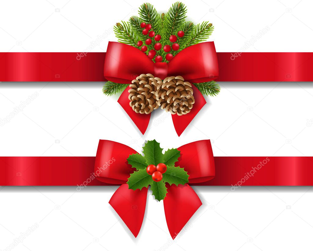 Christmas Silk Red Ribbon With Holly Berry Background