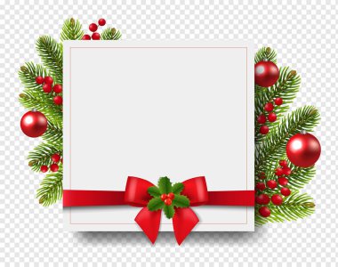 Holly Berry Şeffaf Arkaplanlı Xmas Afişi ve İpek Kırmızı Kurdele