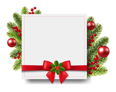 Holly Berry Arkaplanlı Xmas Afişi ve İpek Kırmızı Kurdele