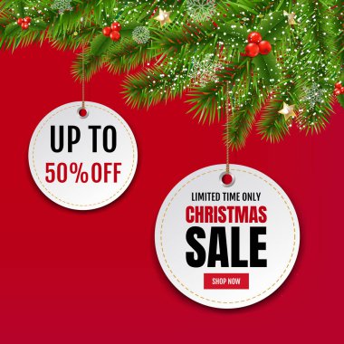 Firavun Ağacı Sınır Kırmızı Arkaplanlı Noel İndirimi Etiketleri