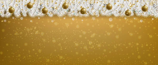 Fronteira da árvore do abeto com bolas douradas de Natal fundo dourado — Vetor de Stock