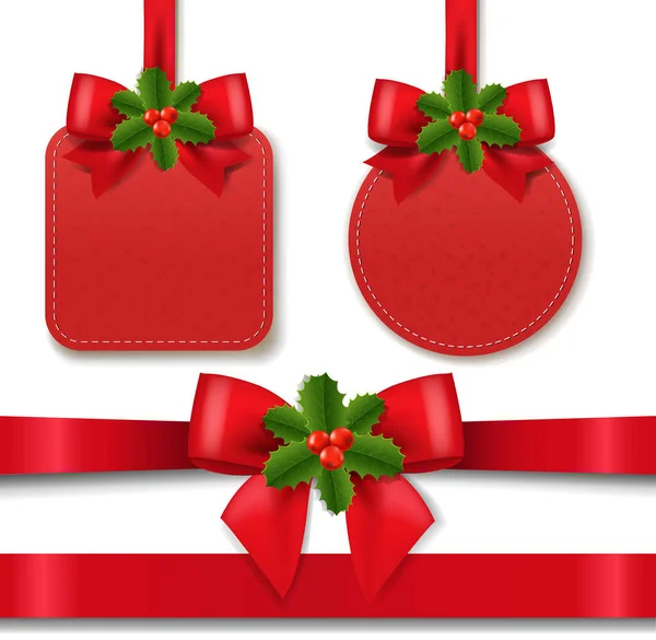 Etiqueta vermelha da venda do Natal com fundo branco da fita de seda vermelha — Vetor de Stock