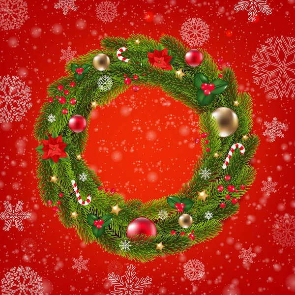 Corona de Navidad con abeto y bolas de Navidad fondo rojo — Archivo Imágenes Vectoriales