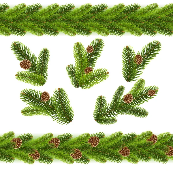 Christmas Fir Tree Takken en kegels randen witte achtergrond — Stockvector