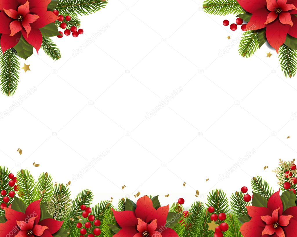 Christmas Postcard And Fir Tree Branches Borders White Background