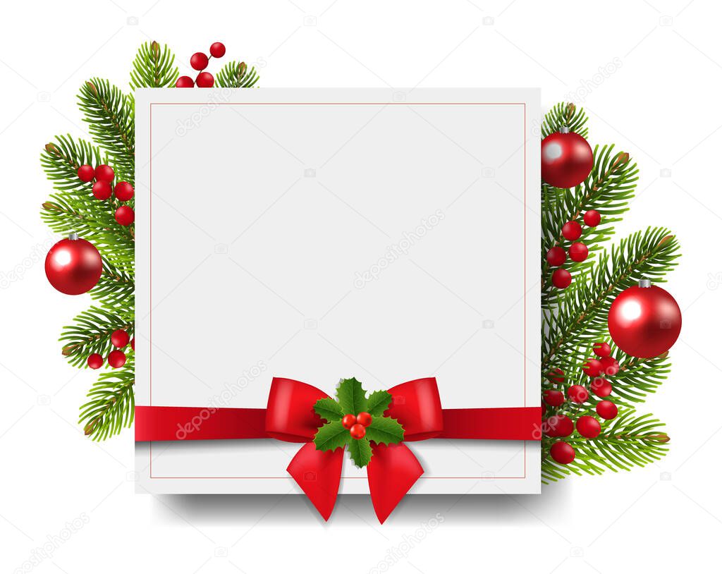 Xmas Banner With And Silk Red Ribbon With Holly Berry Background