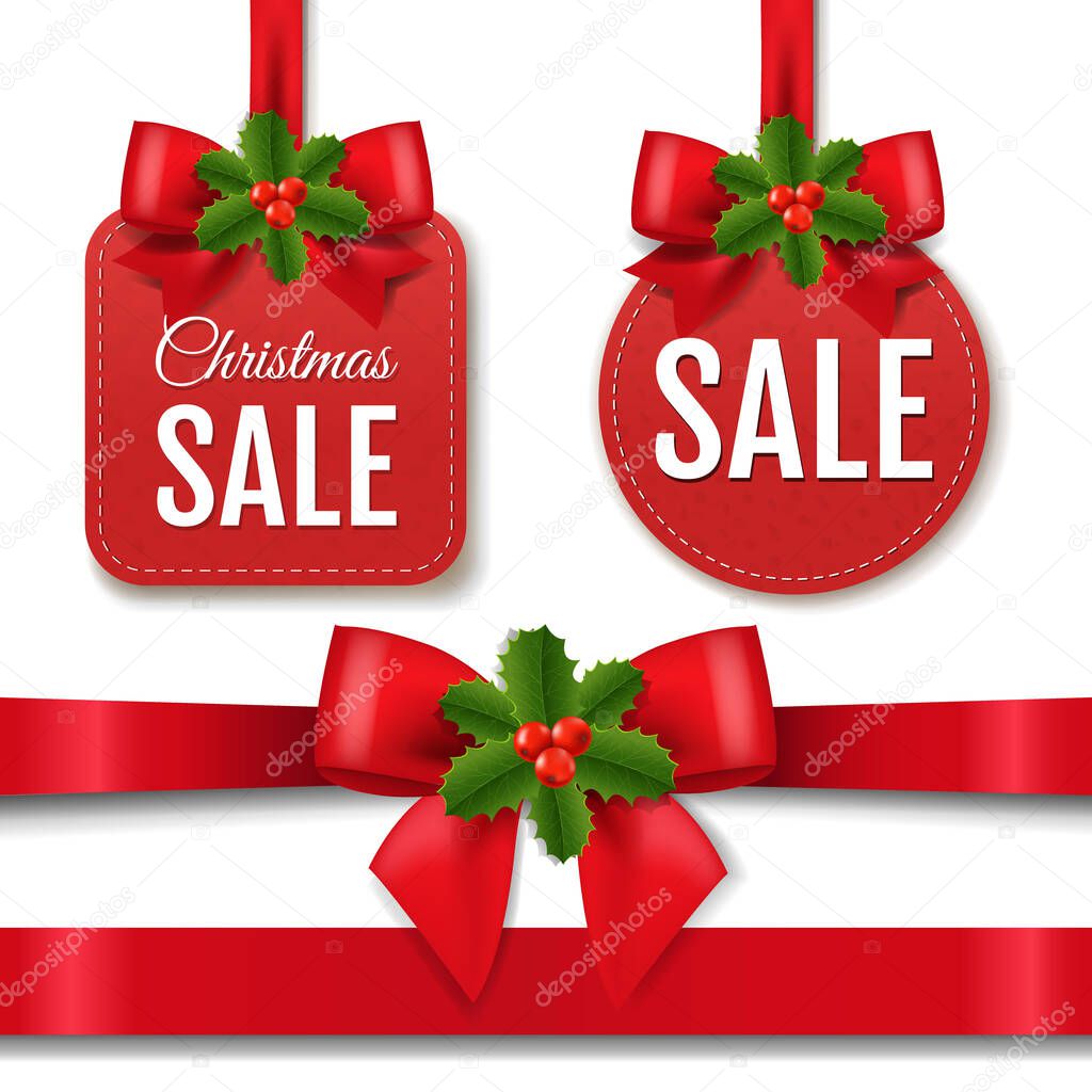 Christmas Red Sale Label With Red Silk Ribbon