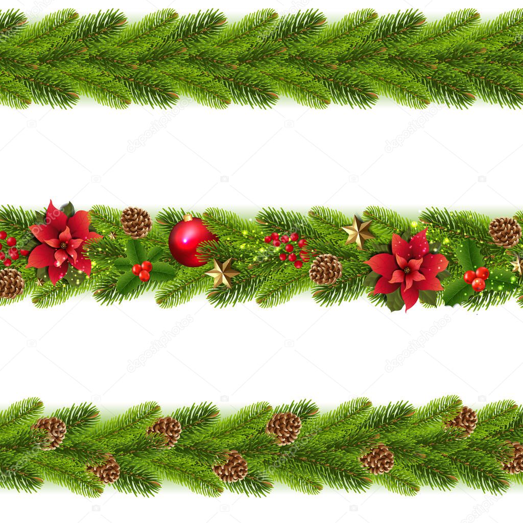 Christmas Fir Tree Branches And Cones And Christmas Ball Borders White Background