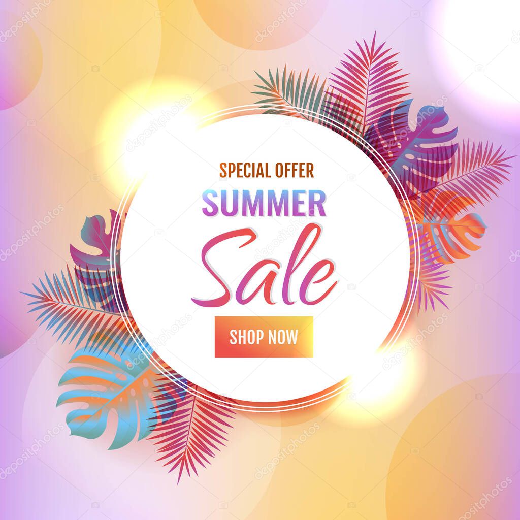 Sale Summer Banner With Palm Leaves