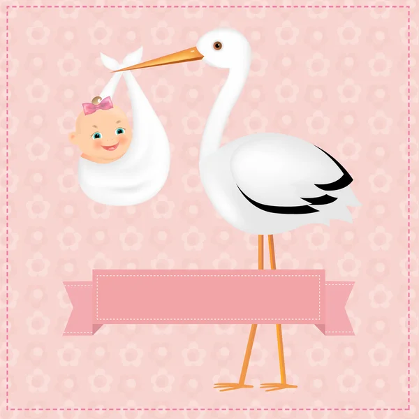 Póster cigüeña con bebé niña — Vector de stock