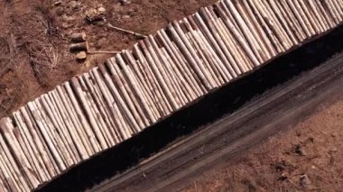 Yukarıdan büyük odun yığınlarıyla kesilmiş bir orman. 