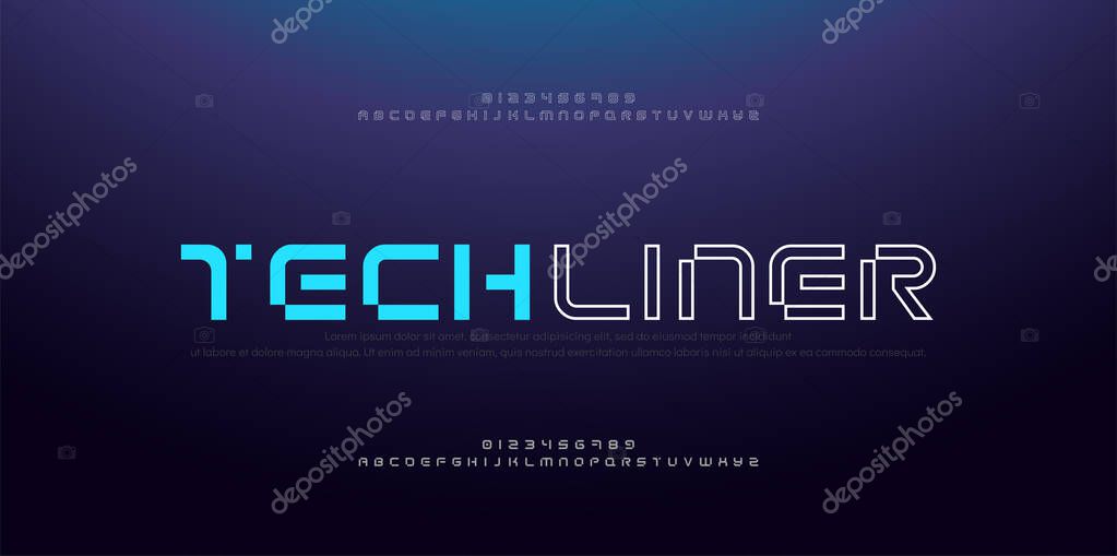 Abstract modern thin line font alphabet. Technology digital neon fonts and numbers. Typography typeface uppercase number. vector illustration