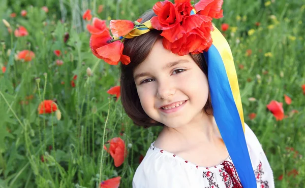 Little Girl in Wreath with Ukrainian Flag Yellow and Blue Ribbons — Stock Photo, Image