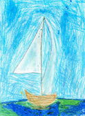 Картина, постер, плакат, фотообои "child drawing of sailboat, oil pastels", артикул 57837969