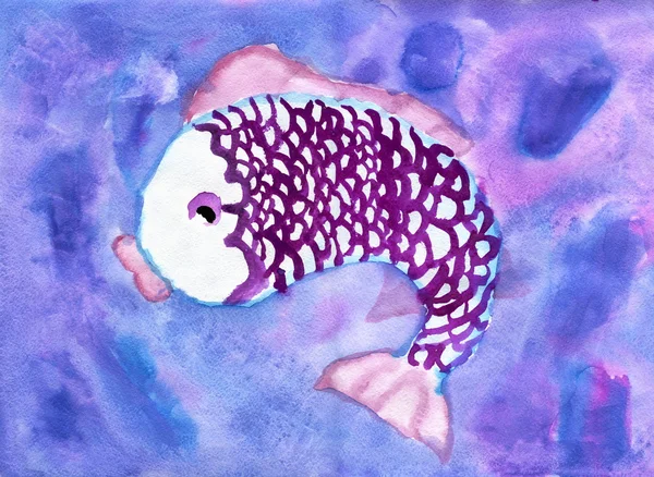 紫の魚、水彩画の子図面 — ストック写真
