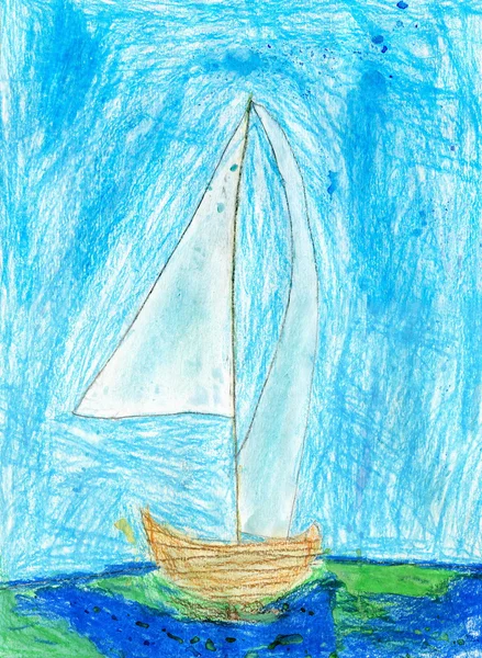 Disegno bambino di barca a vela, Pastelli ad olio Foto Stock Royalty Free