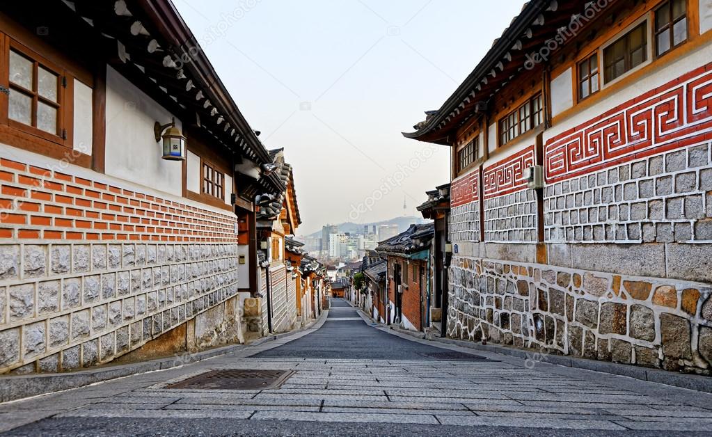 Bukchon Hanok historic district in Seoul at sunset