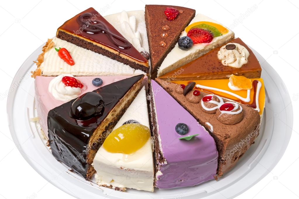 Twelve different pieces of cake on a plate
