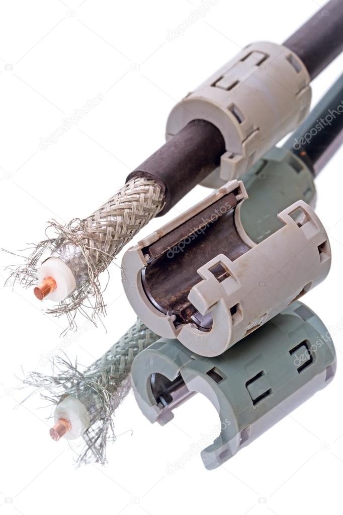 Coaxial cable and ferrite latch