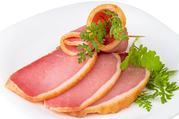 Sliced balyk on a white plate — Stock Photo, Image