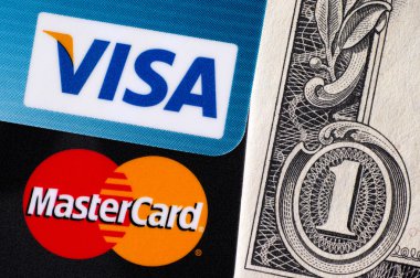Bir dolarlık banknot Visa ve Mastercard kartları