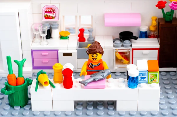 LEGO kobieta gotowania ryb w domowa kuchnia — Zdjęcie stockowe