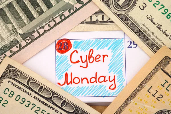 Reminder Cyber Monday in calendar with dollars — Stock Photo, Image