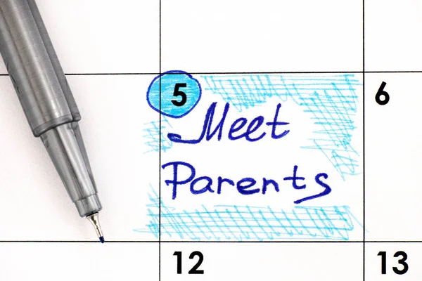 Rappel Rencontrez Les Parents Dans Calendrier Avec Stylo Gros Plan — Photo