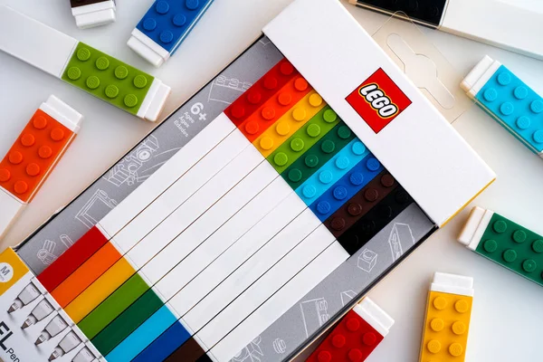 Tambov Federação Russa Novembro 2020 Lego Box Com Cor Canetas — Fotografia de Stock