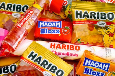Tambov, Rusya Federasyonu - 06 Ocak 2021 Haribo şeker geçmişi. Tam çerçeve.
