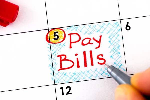 Woman Fingers Pen Writing Reminder Pay Bills Calendar Close — Stock Photo, Image