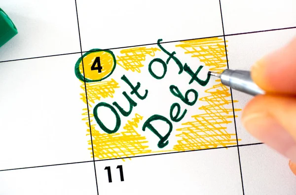 Woman Fingers Pen Writing Reminder Out Debt Calendar Close — Stock Photo, Image