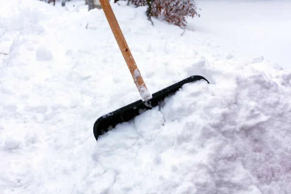 Snow Shovel Stuck Snowdrift Outdoors Close — Stock Photo, Image