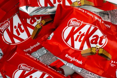 Tambov, Russian Federation - March 19, 2021 Empty sweet wrappers of KikKat candy bars. Full frame.