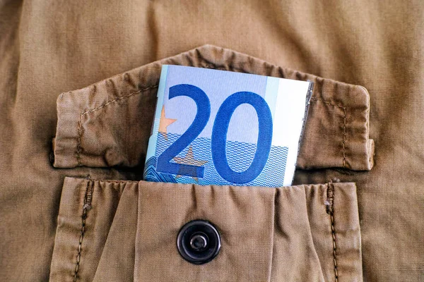 Billete Veinte Euros Bolsillo Una Chaqueta Beige —  Fotos de Stock