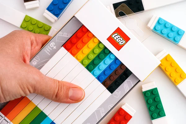Tambov Russian Federation November 2020 Lego Box Colour Gel Pens — Fotografia de Stock